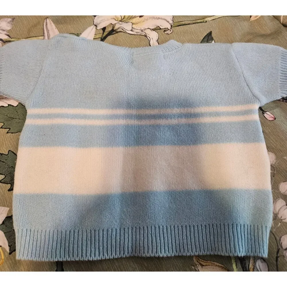 Vintage 70s Novelty Knit Japan Blue Striped Embroidered Puppy Baby Sweater 0-3M